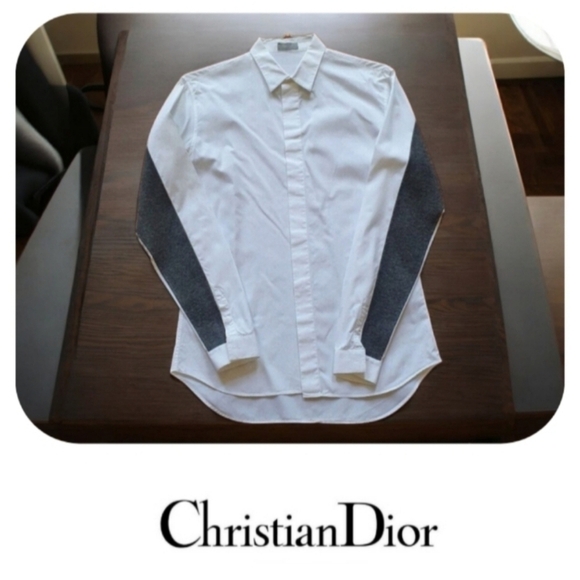 Dior Paris Men's Button-Up Shirt White Gray Sleeves Logo Casual Designer M/ 39 - Picture 2 of 11